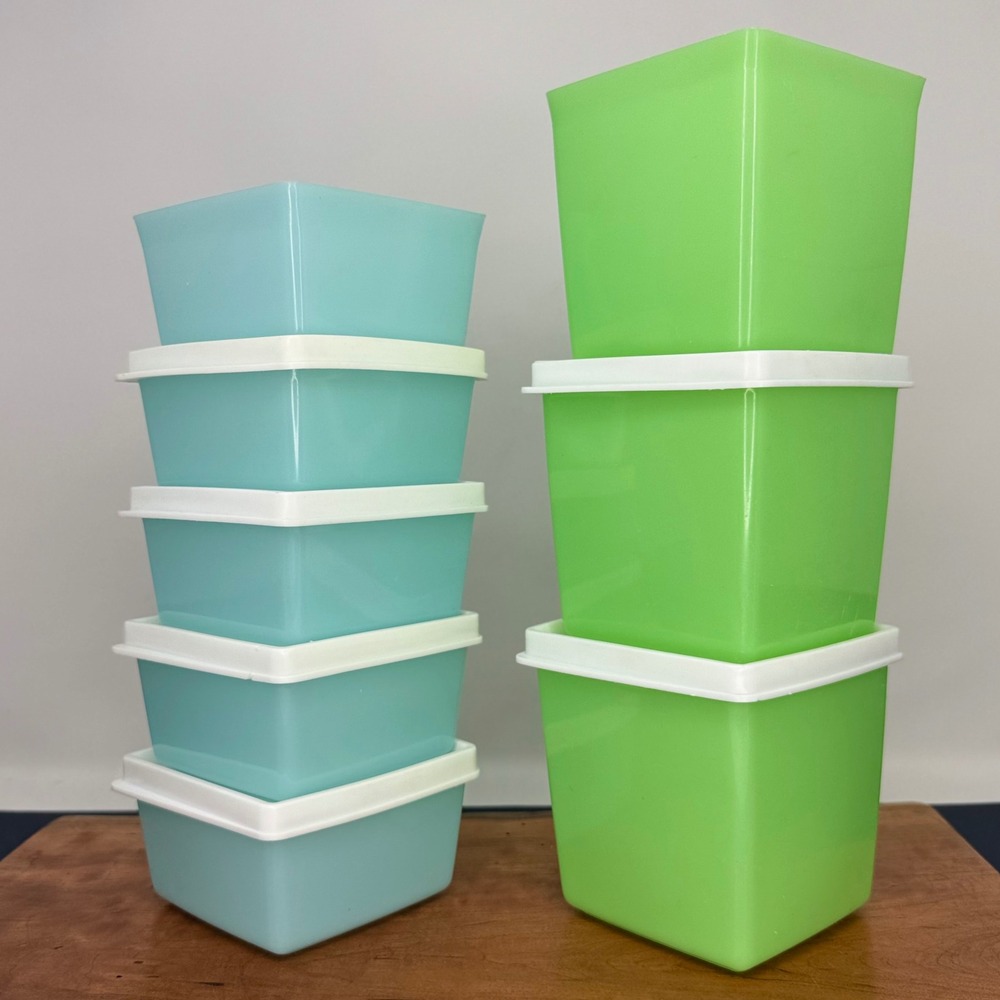 Vintage Rubbermaid Party Plan 8pc Set 5 Aqua Blue Pint 3 Lime Green Quart 6 Lids